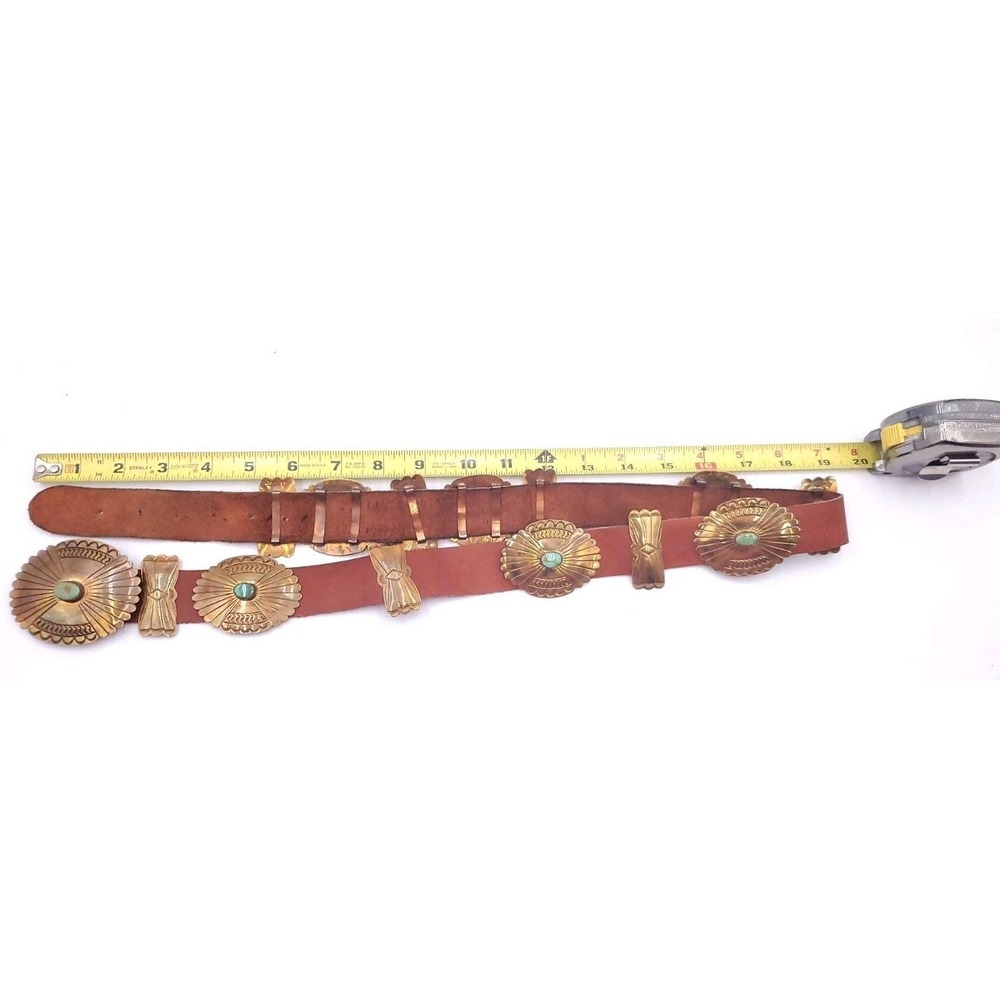 Vintage Handmade Brass Leather Navajo Concho Belt Turquoise Butterfly 32"-37" - Picture 5 of 12